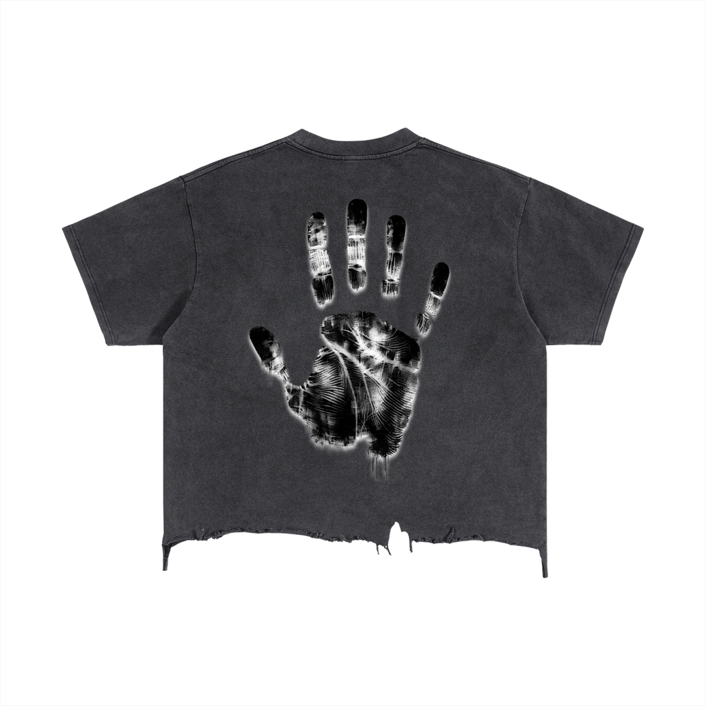 Boxy Distressed Hem T-Shirt “Fingerprints”